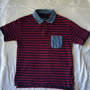 Navy and Red Striped Polo Shirt with Denim Accents